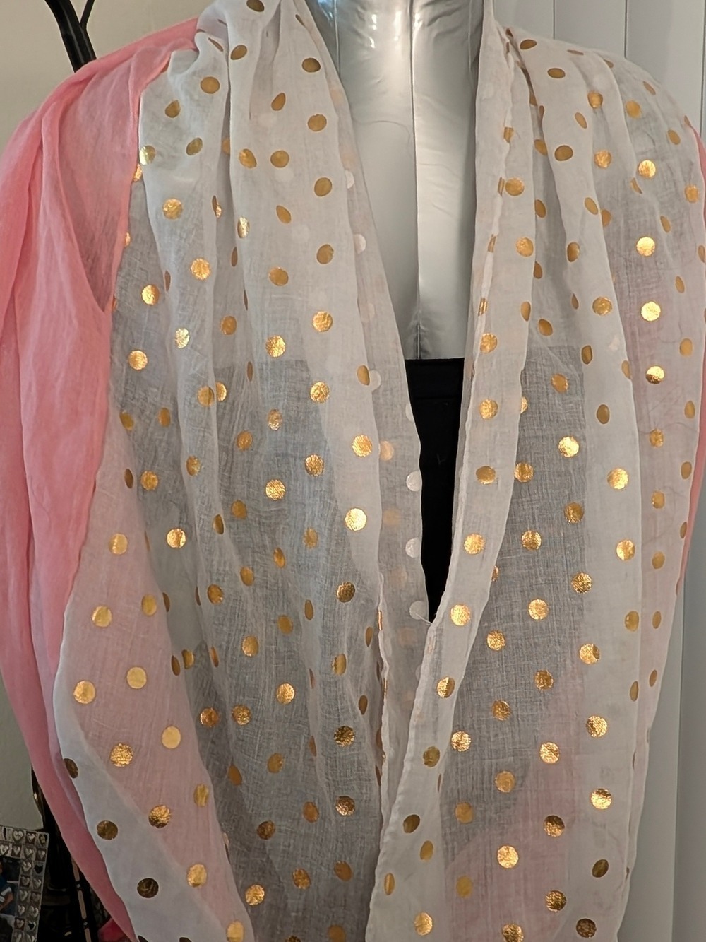 Scarf Sale ❤️7 For$35: Pink/ White Lightweight Infinity Scarf w/ Gold Polka Dots - Picture 2 of 8
